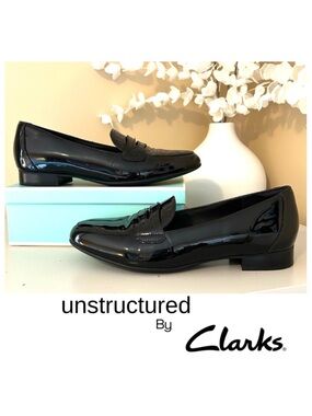 Like New Clarks UN Blush Go Women's Loafers Black Patent Leather Size 8.5